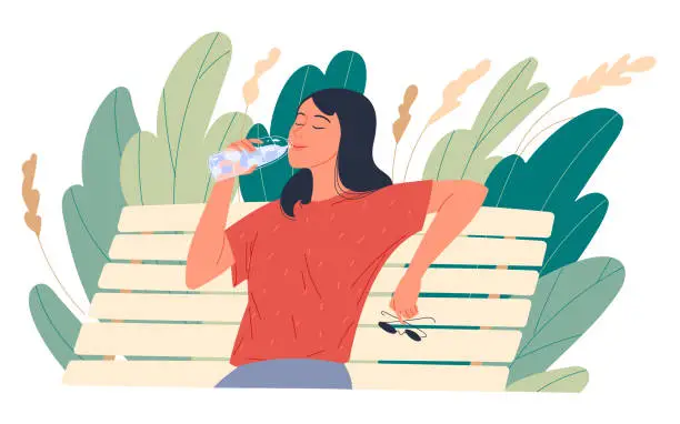 Vector illustration of Girl enjoying drinking water while sitting on a park bench
