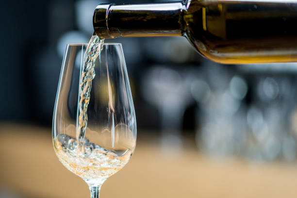 pouring glass of wine. serving white wine in transparent wine glass. - action alcohol alcoholism bar imagens e fotografias de stock