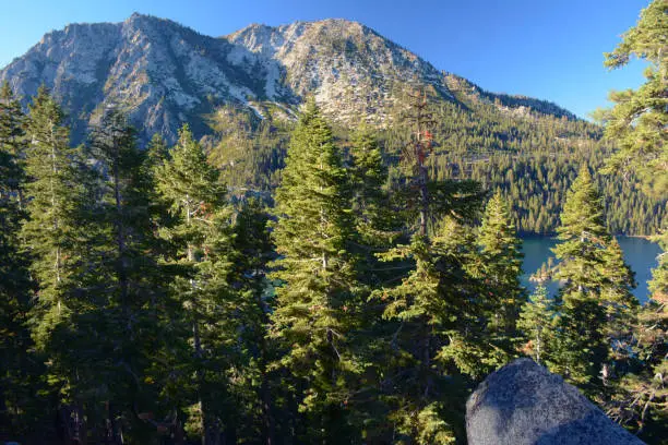 Panoramic sunny autumn vista on the Central Sierra-Nevada Mountain Range in California, fronted by El Dorado National Forest.