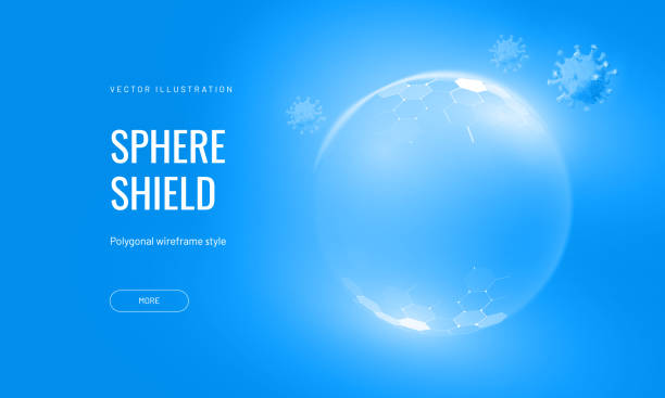 tarcza ochronna z futurystyczną ilustracją wektorową na niebieskim tle. tarcza bąbelkowa w abstrakcyjnym, świecącym stylu. strona docelowa i okładka w stylu technologicznym - nabój stock illustrations