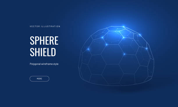 Dome shield geometric vector illustration on a blue background. Geometric translucent shield futuristic for protection in an abstract glowing style Dome shield geometric vector illustration on a blue background. Geometric translucent shield futuristic for protection in an abstract glowing style riot shield illustrations stock illustrations
