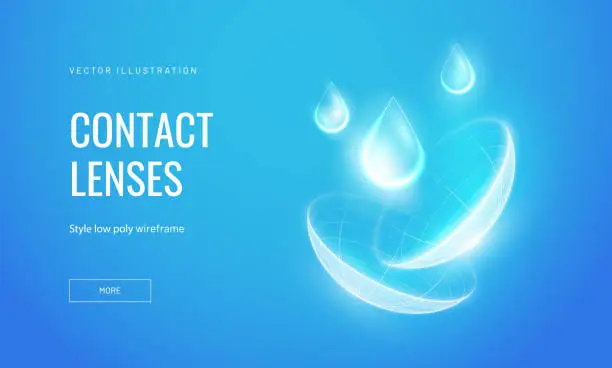 Vector illustration of Eye contact lenses in a futuristic wireframe style. A drop of water as a symbol of moisturizing liquid for the eyes. Lens wireframe structure glows, vector illustration