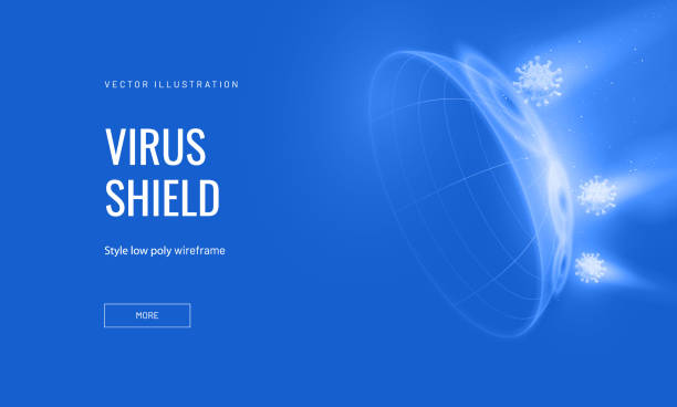 osłona przed bąbelkami i ilustracja wektorowa ochrony przed infekcjami na niebieskim tle. bezpieczeństwo i odporność w postaci tarczy energetycznej w abstrakcyjnym stylu siatki szkieletowej. świecący element 3d jako część projektu - nabój stock illustrations