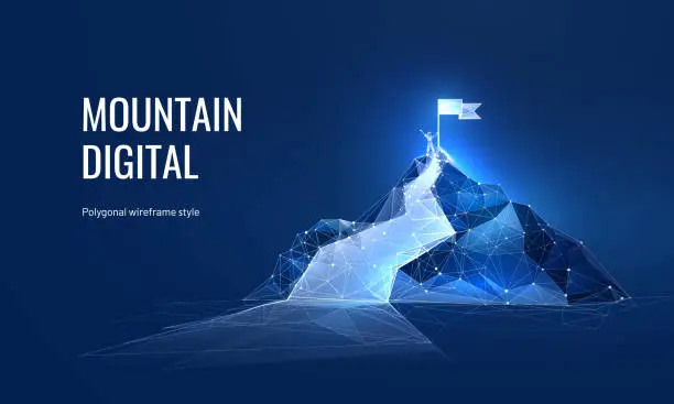 Vector illustration of The path to success in the digital futuristic style. Business goals achievement concept. Vector illustration of a mountain with a flag in a polygonal wireframe style
