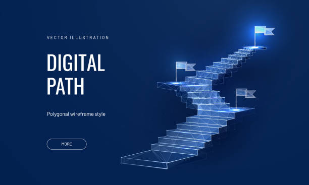 koncepcja drogi do sukcesu na niebieskim tle. klatka schodowa w futurystycznym stylu wielokątnym. ścieżka cyfrowa abstrakcyjna ilustracja wektorowa - moving up obrazy stock illustrations