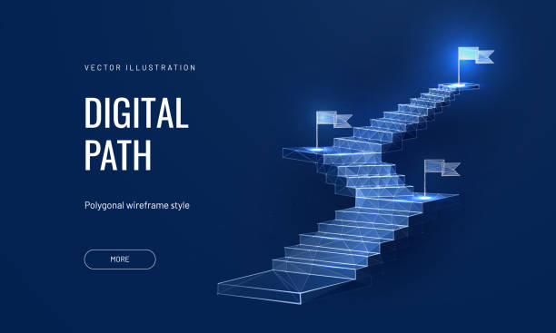 ilustrações de stock, clip art, desenhos animados e ícones de the concept of the path to success on a blue background. staircase up in a futuristic polygonal style. digital path abstract vector illustration - low poly