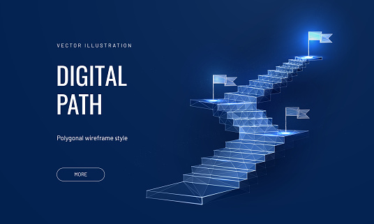 The concept of the path to success on a blue background. Staircase up in a futuristic polygonal style. Digital path abstract vector illustration