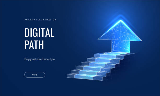 파란색 배경의 디지털 경로입니다. 미래지향적인 다각형 스타일의 비즈니스 미션 컨셉 또는 목표 달성. 디지털 경로 추상 벡터 일러스트레이션 - footpath employment issues occupation outline stock illustrations