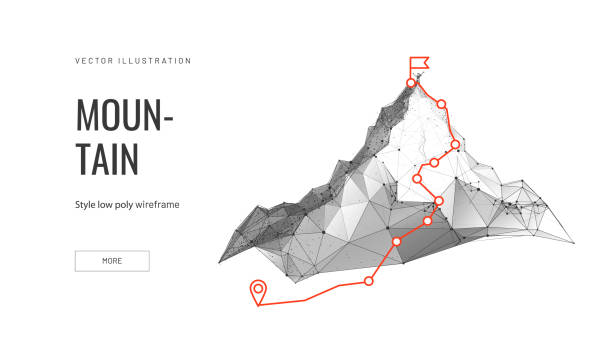 青い背景にデジタル未来的なスタイルで山の成功コンセプトのトップへの道。目標のステップバイステップ達成の概念のベクトル図 - land feature点のイラスト素材／クリップアート素材／マンガ素材／アイコン素材