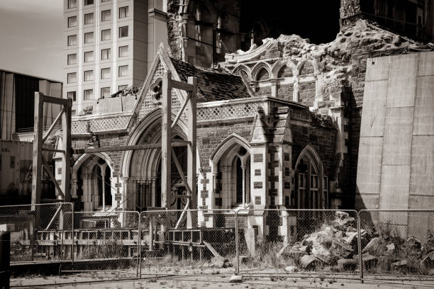 Ruin of famous Christchurch Cathedral after the earthquake of 2011, New Zealand Ruin of famous Christchurch Cathedral after the earthquake of 2011, South Island of New Zealand christchurch earthquake stock pictures, royalty-free photos & images
