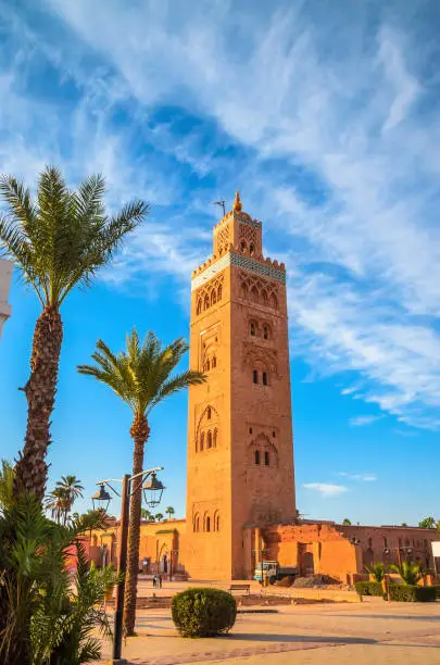 Photo of Koutoubia Mosque minaret in old medina  of Marrakesh, Morocco