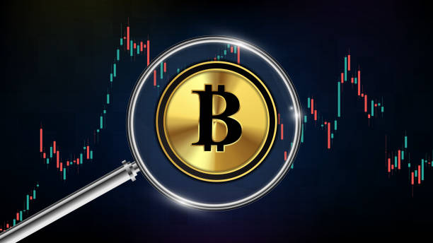 abstract futuristic technology background of cryptocurrency bitcoin with magnifying glass and chart graph candle stick abstract futuristic technology background of cryptocurrency bitcoin with magnifying glass and chart graph candle stick electronic discovery stock illustrations