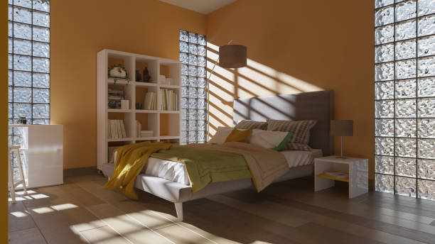 Bedroom Illuminated by the Daylight Through the Glass Bricks stock photo