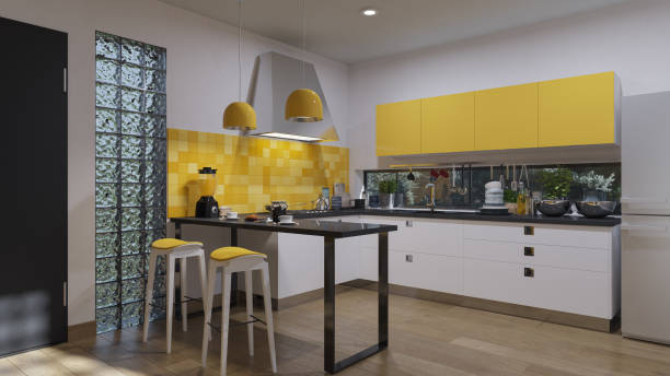 Brightly Illuminated Open Plan Kitchen Design stock photo