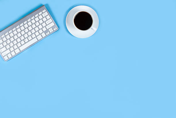 istock Flat layout on light blue background. Horizontal photo. Composition concept desktop with place for text, work from home and office, training, online education, space for text. 1320849538