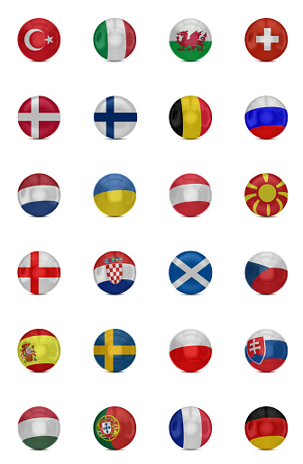 European national flags on soccer balls