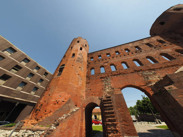 Palatine Gate in Turin Turin, Italy - Circa May 2019: Porta Palatina (Palatine Gate) ruins torri gate stock pictures, royalty-free photos & images