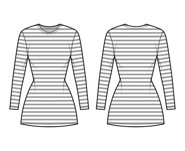 istock Dress sailor technical fashion illustration with stripes, long sleeves, fitted body, mini length pencil skirt. Flat 1320852067