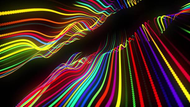 istock 3d render. Motion design background. Festive bg with multicolored particles. Abstract 3d bg with glow particles lined up in a row along curved waving lines in 3d space. 1320852156