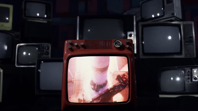 Apollo 11 Rocket Launch in a Vintage TV. Elements of this image furnished by NASA.