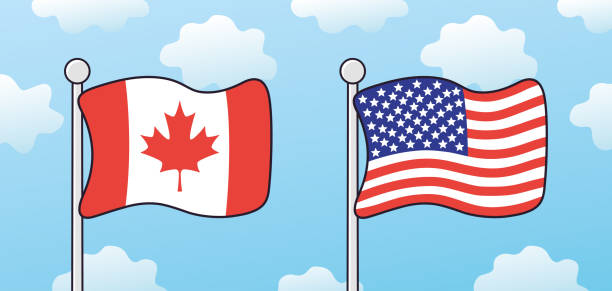 ilustrações de stock, clip art, desenhos animados e ícones de usa and canada flags in sky - canada american flag canadian culture usa