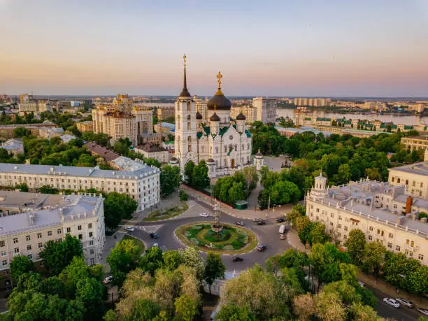Evening Voronezh, Annunciation Cathedral, aerial drone view.