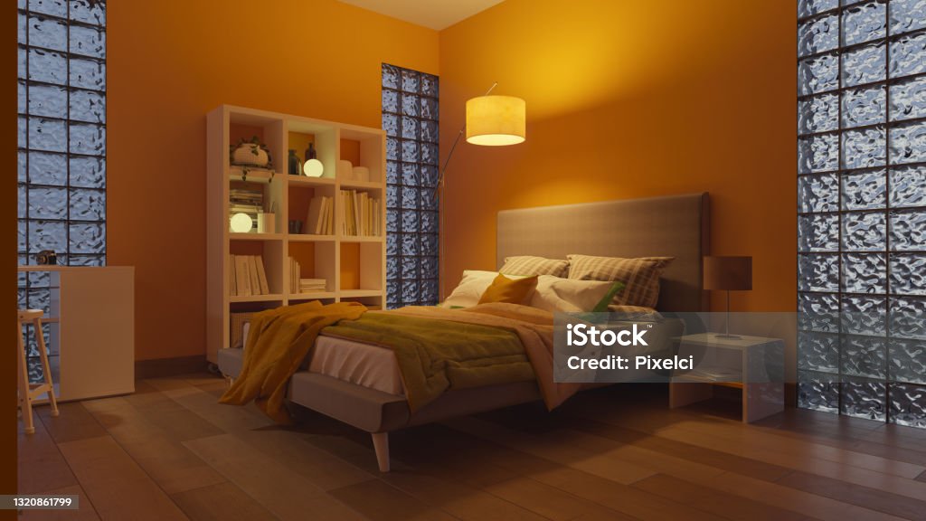 The Bookshelf and the Bed Inside a Softly Illuminated Bedroom with Glass Blocks 3D Rendering Bedroom Stock Photo