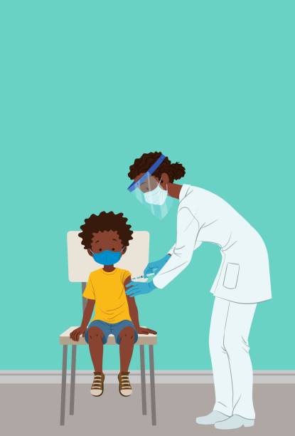 Childhood vaccination against COVID-19 Female health professional with mask, face shield and gloves injecting syringe into a boy's arm vacina stock illustrations