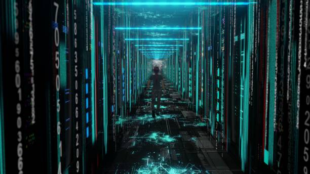 istock woman Moving Through Data Center with Server Racks LED Lights 1320869047