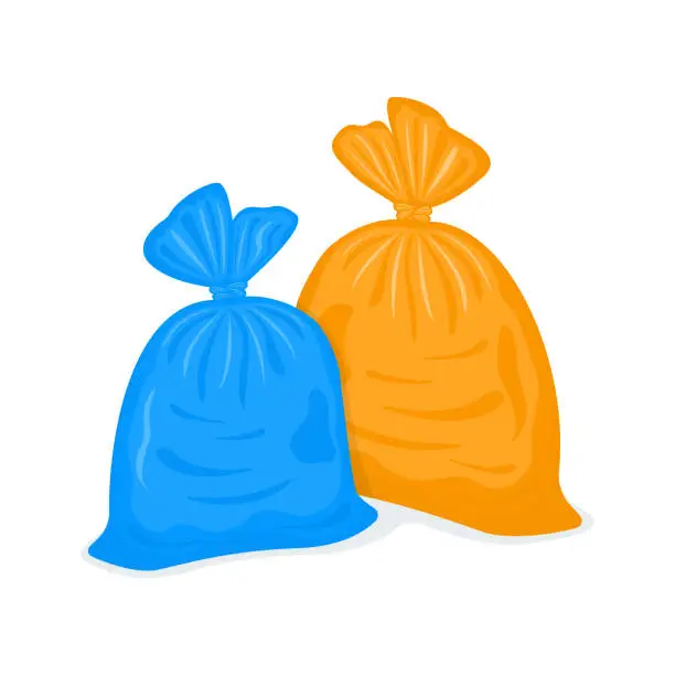 Vector illustration of Tied plastic garbage bags. Filled rubbish packages isolated on white background. Blue and orange packs with trash. Vector cartoon illustration
