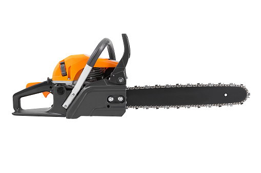 Petrol chainsaw side view isolated on white background. Gasoline chain saw.