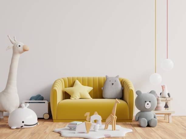 istock Mockup wall in the children's room with yellow sofa on empty white wall background. 1320870151