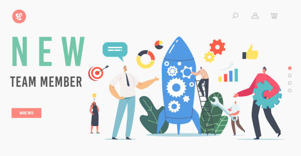 ilustrações de stock, clip art, desenhos animados e ícones de new team member landing page template. newcomer character take part in rocket launch, startup business project - web page globe laptop computer monitor