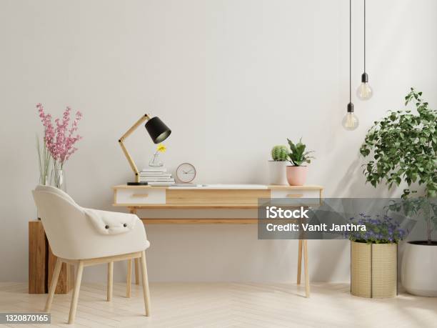 Office Desk Interior With Mockup White Wall Stock Photo - Download Image Now - Desk, Home Office, Working At Home