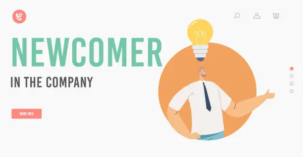 Vector illustration of Newcomer in the Company Landing Page Template. Businessman Character in Formal Wear with Glowing Light Bulb over Head