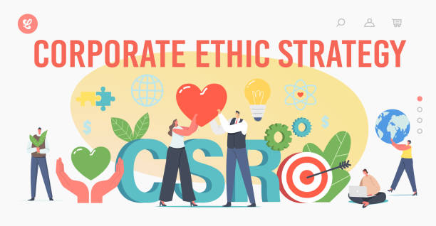 corporate ethic strategie landing page vorlage. tiny characters csr, soziale verantwortung, ethisches und ehrliches geschäft - responsibility social issues business people stock-grafiken, -clipart, -cartoons und -symbole