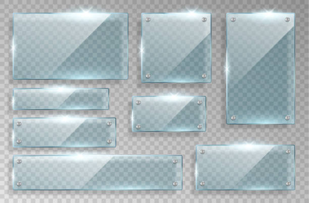 Set of realistic glass nameplates isolated on checkered background. Transparent panel frames Set of realistic glass nameplates isolated on checkered background. Transparent panel plates or frames for placing name. 3d vector illustration mirror object borders stock illustrations