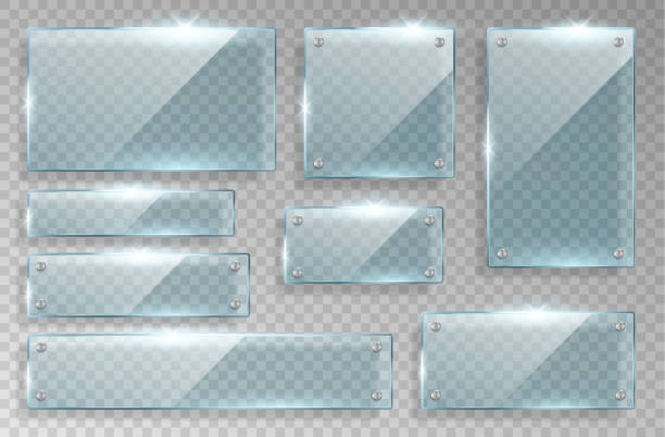 Set of realistic glass nameplates isolated on checkered background. Transparent panel frames Set of realistic glass nameplates isolated on checkered background. Transparent panel plates or frames for placing name. 3d vector illustration art name plates stock illustrations