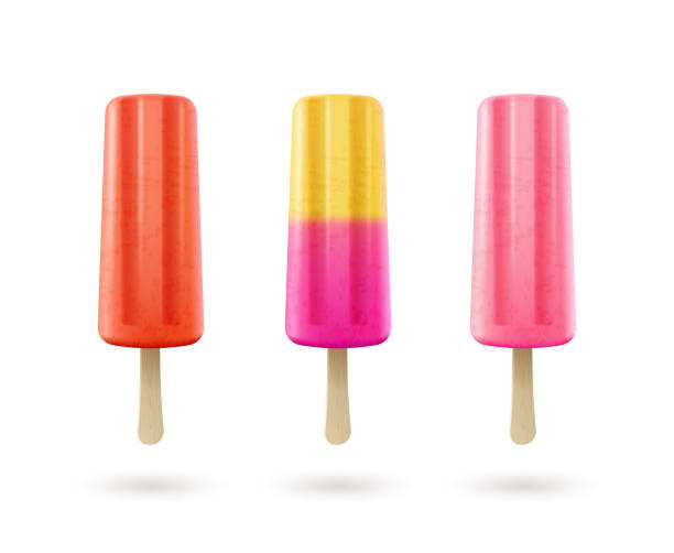Set of fruit ice cream, frozen juice on stick, fruity popsicle. Colorful summer dessert isolated Set of fruit ice cream, frozen juice on wooden stick, fruity popsicle. Colorful cold summer dessert isolated on white background. Realistic 3d vector illustration flavored ice stock illustrations