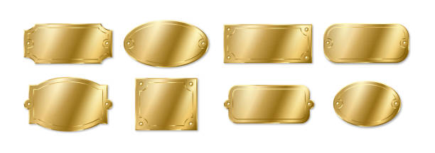 gold oder messing platten, goldenen namen plaques mockup. metall-identifikations-tags-rahmen für namensschild - brass stock-grafiken, -clipart, -cartoons und -symbole