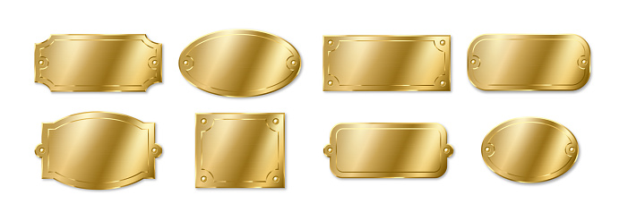 Gold or brass plates, golden name plaques mockup. Metal identification tags or badges, round, oval and rectangular frame for nameplate isolated on white background. Realistic 3d vector illustration