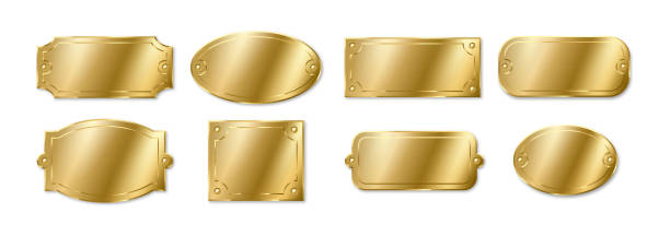 Gold or brass plates, golden name plaques mockup. Metal identification tags frame for nameplate Gold or brass plates, golden name plaques mockup. Metal identification tags or badges, round, oval and rectangular frame for nameplate isolated on white background. Realistic 3d vector illustration brass stock illustrations