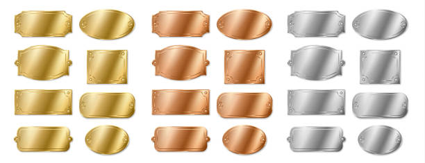 Set of empty name plates, template silver, golden bronze plaques. Mockup badges for identification Set of empty name plates, template silver, golden and bronze plaques. Mockup badges for identification, template frame for nameplate isolated. Realistic 3d vector illustration aluminum sign mockup stock illustrations