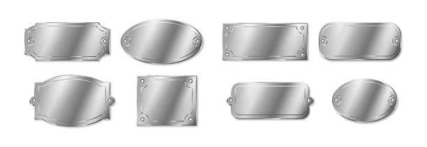 Silver name plates, template plaques. Empty mockup tags or badges for identification Silver name plates, template plaques. Empty mockup tags or badges for identification, steel chrome frame for nameplate isolated on white background. Realistic 3d vector illustration aluminum sign mockup stock illustrations