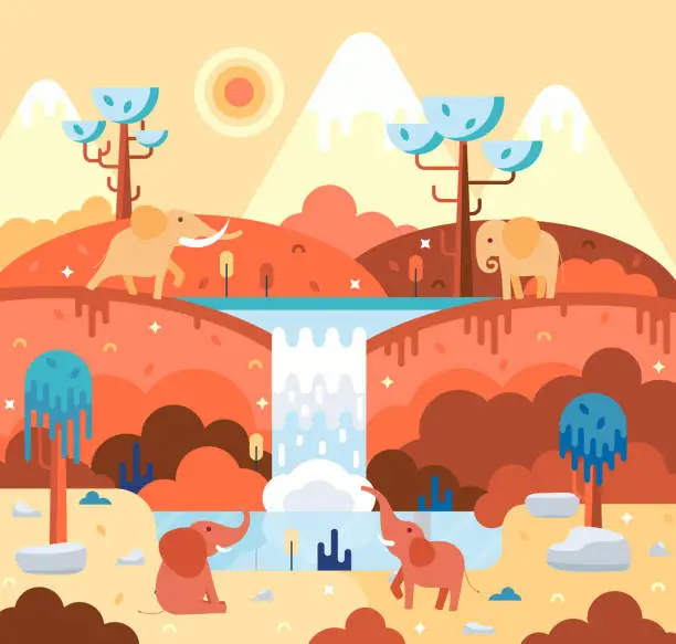 Vector illustration of Four elephants in flat cartoon stile - africa landscape with animals at the watering hole