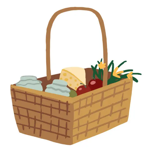 Vector illustration of Wicker basket with homemade foods, flowers. Hand drawn vector illustration. Colored cartoon doodle. Single cottagecore theme drawing isolated on white. Element for design, print, sticker, card, decor.