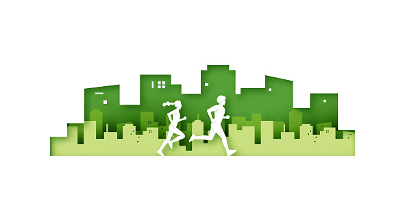 Male and Female running on pathway in city park.Healthy lifestyle, outdoor activity for marathon, city run, training.Paper art vector illustration.