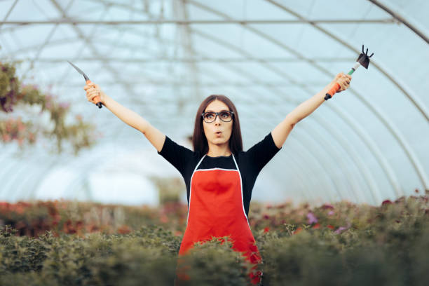 istock Happy Greenhouse Worker Holding Gardening Tools 1320875668