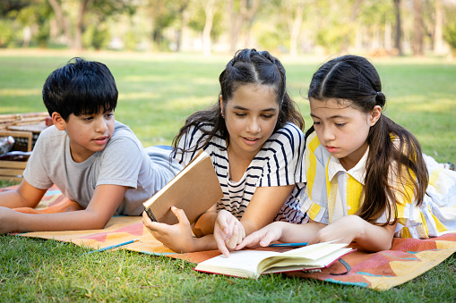 Un grupo de niños de la escuela primaria de diversidad disfrutaron acostados y leyendo en el parque. Hacen actividades al aire libre juntos. Niños leyendo libros de texto. Amistad y aprendizaje fuera del aula photo