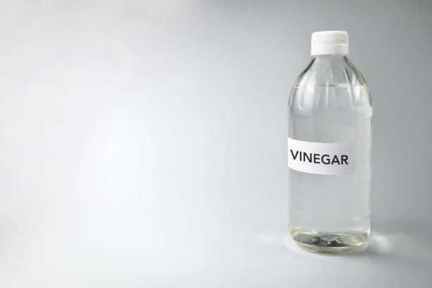 a bottle of vinegar against gray background - vinegar imagens e fotografias de stock